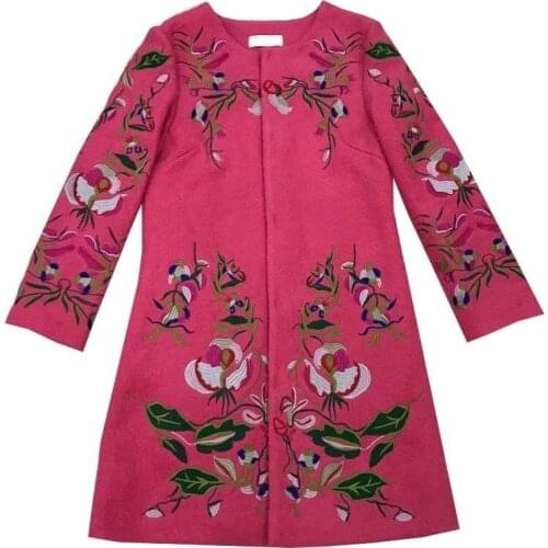 Winter Women Ethnic Flower Embroidery Wool Blends Long Trench Coat Ladies Slim Fit Woolen Outwear Jackets Abrigo Mujer Overcoat