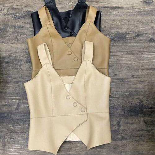 2020 New Sexy Genuine Sheepskin Leather Vest Women Coat V Neck Slim Party Club Elegant Jacket Sleeveless Feminino