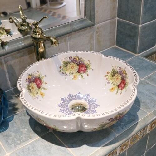 Flower shape peony Jingdezhen factory directly art hand painted ceramic foot wash sink wash basin bathroom sinks