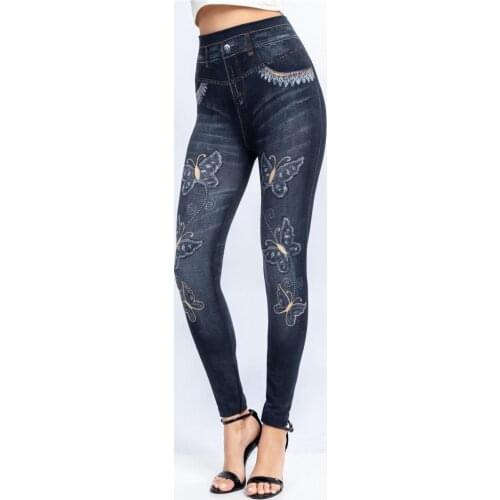 Fake Jeans Butterfly Print High Waist Stretch Skinny Denim Pants 2021 Blue Retro Washed Elastic Slim Pencil Trousers Womens