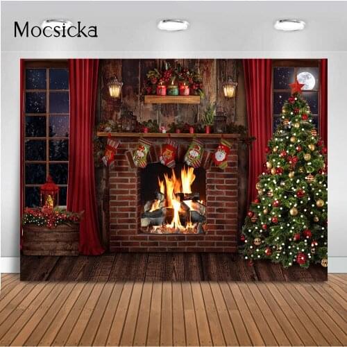 Red Brick Fireplace Christmas Backdrop for Photography Windows Pine Tree X-mas Family Holiday Party Decoration Sock Candle Fire