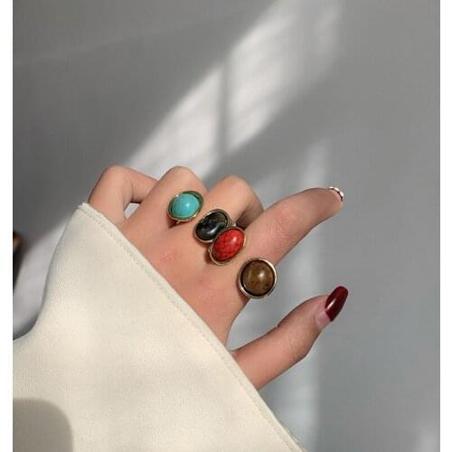 Natural Gem Stone Rings For Women Round Two-tone Turquoises Crystal Adjustable Open Finger Ring Female Bohemian Fashion Jewelry