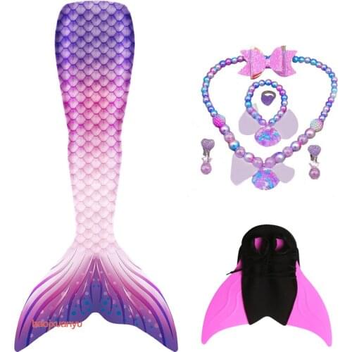 Summer Girls Rainbow Mermaid Tails with Monofin Swimwear Bathing Suit Child Kids Swimsuit Cosplay Costume with Necklace
