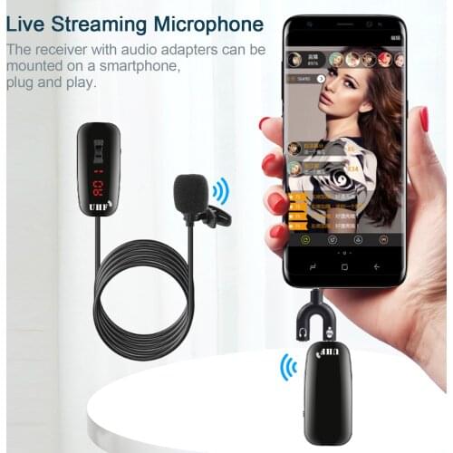 Mini Lapel UHF Lavalier Wireless Microphone Recording Live Streaming Microphone 50UHF for Camcorder Smartphone Laptop 50m Range