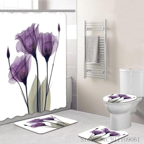 Fashion Simple Flower Print Shower Curtain 3D Home Decoration Bathroom Waterproof Curtain Set Bathroom Curtain Toilet Mat