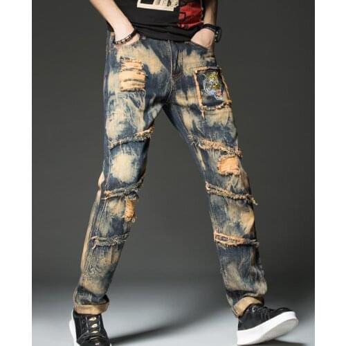 Mens Tiger Embroidery Torn Jeans Vintage Slim Ripped Yellow Distressed Denim Straight Destroyed Hole Jeans Pants Size 29-42