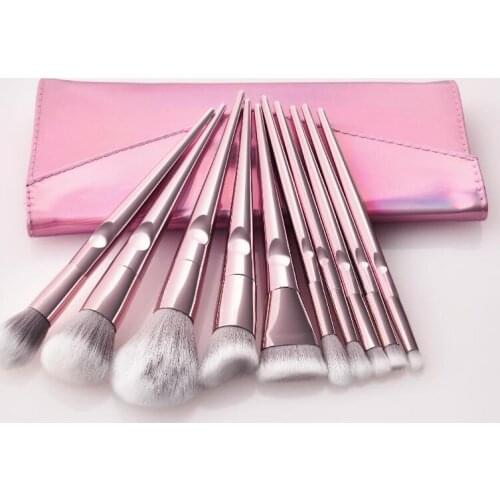 10pcs makeup brushes set High-end plastic handle electroplated aluminum tube imported nylon wool with bag