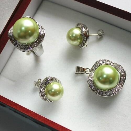 Noble jewelry set 10mm green shell pearl,ring, pendant stud earring