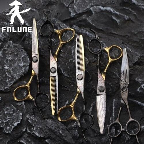 FnLune Damascus Pattern Colorful Black Professional Hair Salon Scissors Cut Barber Haircut Thinning Shear Hairdressing Scissors