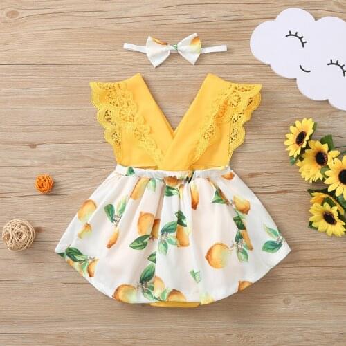Toddler Kids Baby Girls Lace Lemon Print Dress Romper Headbands Princess Spring Infant Sleeveless Vestidos Children Clothing