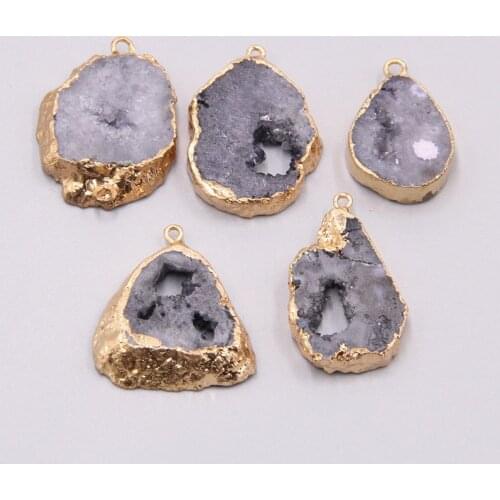 Natural Gray Brazilian Electroplated Edged Slice Open crystal Geode Drusy Druzys Pendants For Necklace women jewelry Making DIY