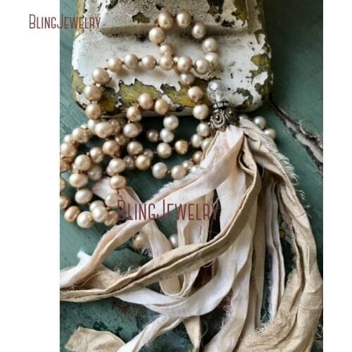 Romantic Shabby Boho Champagn Shell Pearls Beige Cream Sari Silk Tassel Necklace Versatil Accessory Necklace NM11321