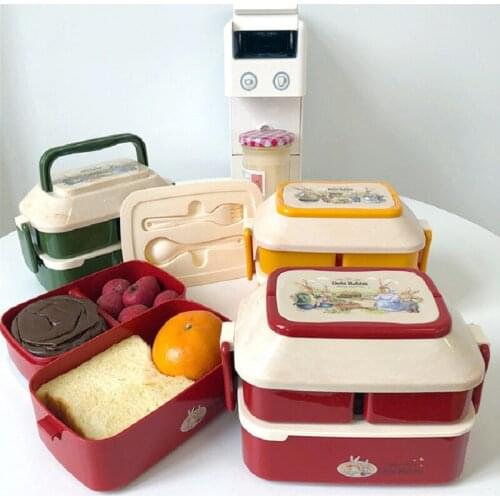 S10 Ins Cute Rabbit Double-layer Plastic Lunch Box Large-capacity Portable Student Microwaveable Compartment Food Boxes Bento