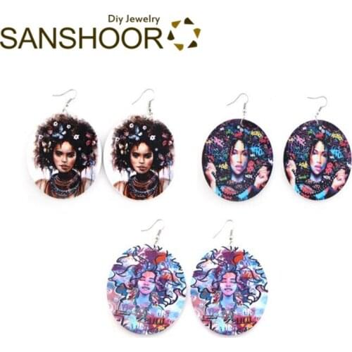 SANSHOOR 6cm Diameter Afrocentric Wooden Earrings Afro Natural Hair Wood Dangler African Jewelry Gift for Black Woman 6 Pairs