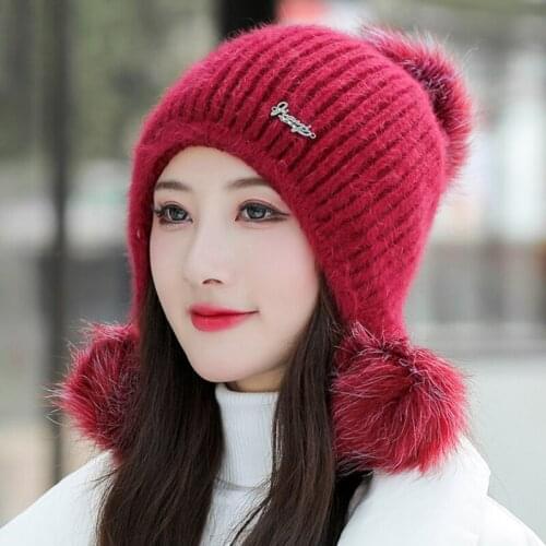 HT3762 Beanie Hat with Pom Pom Thick Warm Women Winter Hat Fur Ball Skullies Beanies Rabbit Fur Knitted Hat Ladies Earflap Caps