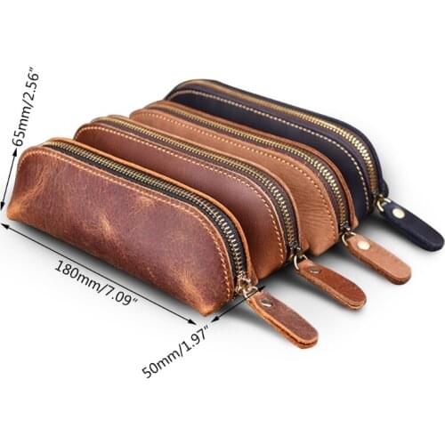 Handmade Genuine Leather Pencil Bag Vintage Cowhide Zipper Pen Case School Bag