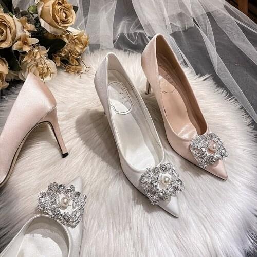 Spring white silk surface rhinestone square buckle stiletto high heel bridal wedding shoes banquet dress large size womens shoe