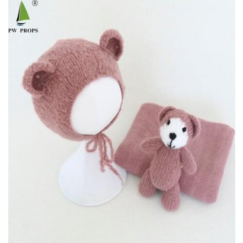 Vintage Teddy Bear Bonnet Toy Set Newborn Stretch Knit Wrap Outfit Photography Props Knit Infant Animal Stuffer Doll Photo Shoot