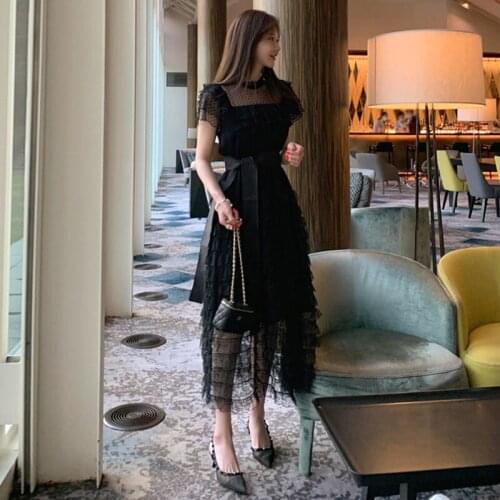 Vintage High-End Long Dress Korean Womens Summer Lace Mesh Dresses Elegant Black Short Sleeve Lace-Up Cascading Ruffle Vestidos