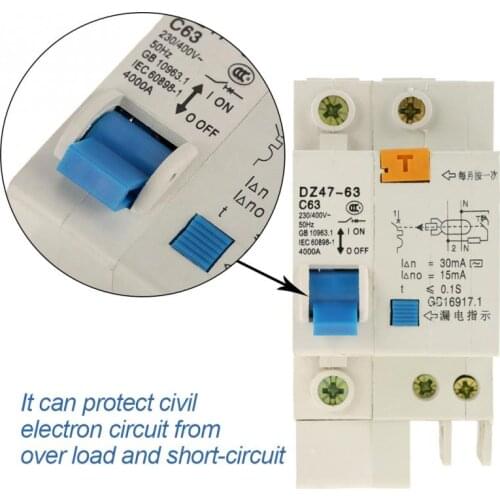 DZ47LE Current Circuit Breaker 1P+N Breaker 230V-400V 50HZ 60A 4KA C Type Residual Current Circuit Breaker Set