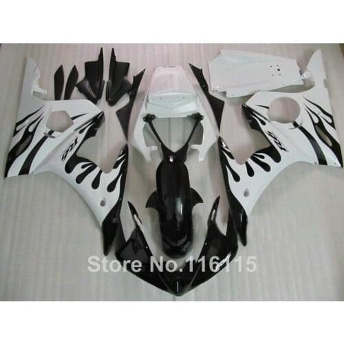 High grade ABS fairings set for YAMAHA R6 2003 2004 2005 white flames in black fairing kit YZF R6 03 04 05 body kits #198