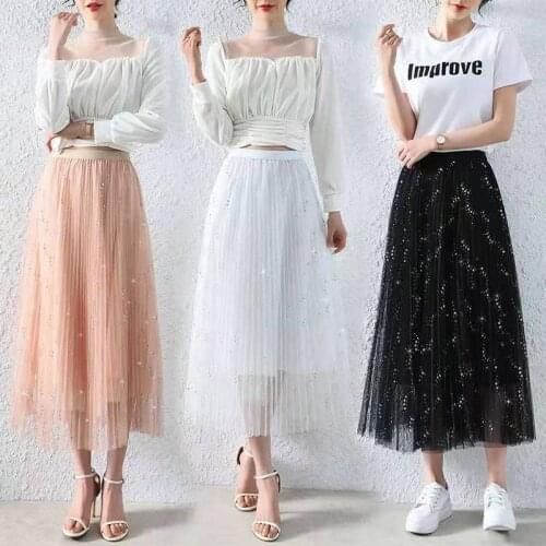 New Spring Summer Skirt Loose Elastic Waist Sequined Gauze Fairy Pleated Mid Skirts For Girls Korean Fashion Faldas Jupe Femme