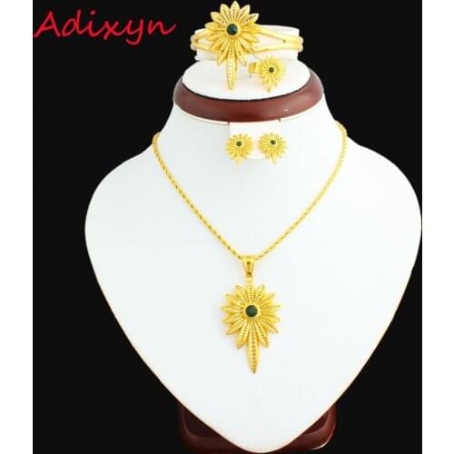 Adixyn Blue Stone Ethiopian Jewelry Sets 24K Gold Color Necklace/Pendant/Earring/Ring/Bangle African Women Wedding Accessories
