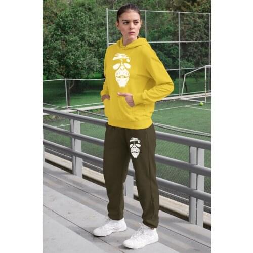 Angemiel Wear Glasses Vicinity Monkey Women 'S Tracksuit Set Yellow Hooded Sweatshirt Green Sweatpants