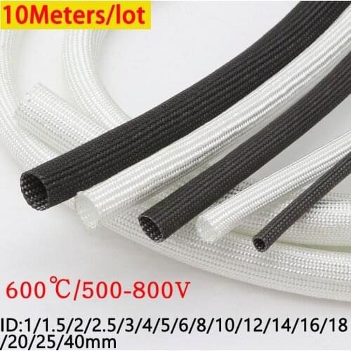 10M Black/White ID 1mm ~ 40 mm Braided Fiberglass Sleeve 600 Deg.C High Temperature Chemical Glass Fiber Tube Fiberglass Sleeve