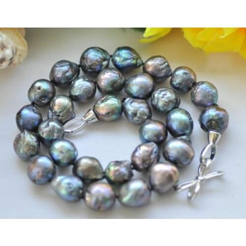 11-13mm natural baroque Tahitian black blue pearl necklace 18" 36"