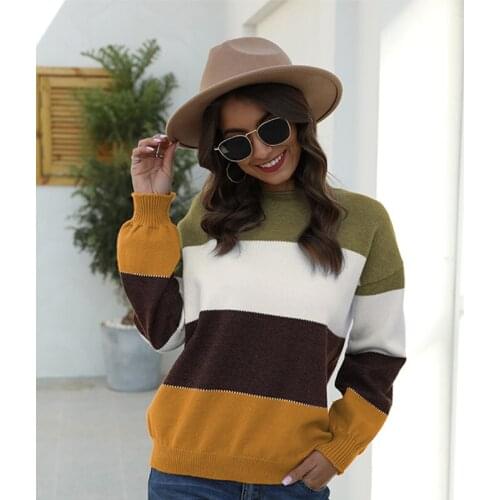 2021 Spring Winter New Women Striped Patchwork Sweater O-neck Loose Style Female Knit Jumpers Lantern Sleeve Sweater Plus Size