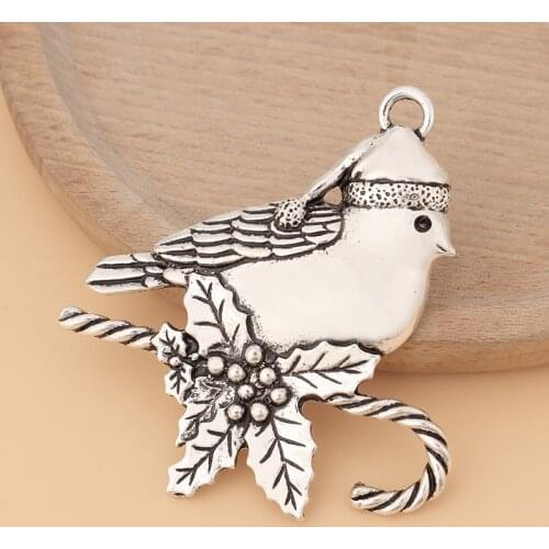 5pcs/Lot Silver Color Large Lucky Bird & Branch Leaf Charms Pendants for Necklace Jewelry Making Christmas Gift Accessories