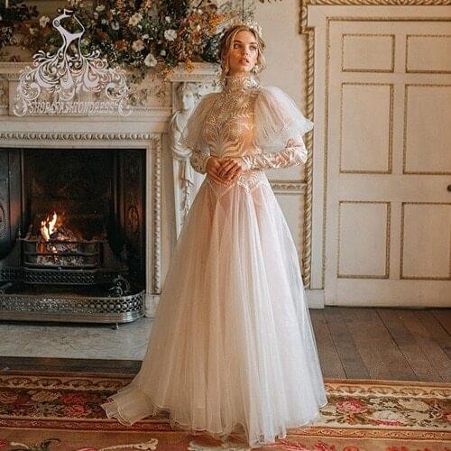 See Thru White Tulle Puff Sleeves A-line Evening Dress 2021 Party Gowns High Neck Lace Homecoming Dress Formatura Sukienki