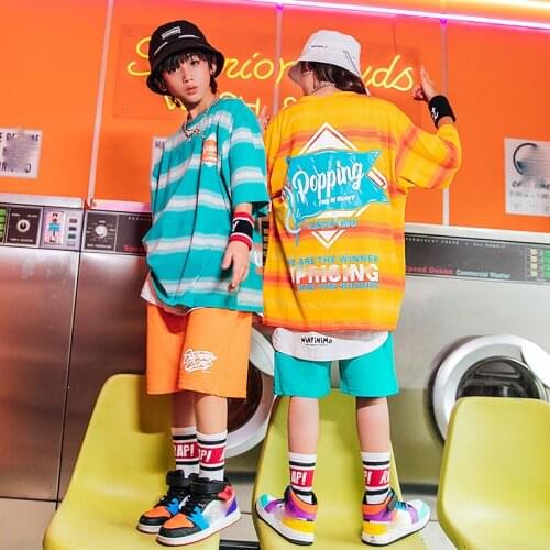 ChildrenS Day Jazz Street Dance Tide Clothing Suit Popping Boys Girls Summer Loose Striped T-Shirt Hiphop Pants Suit DQS7131