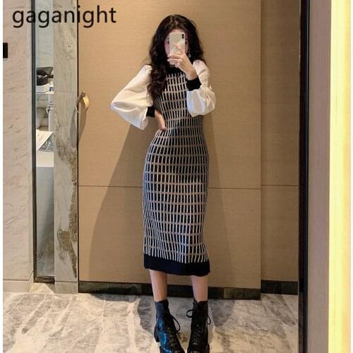 Gaganight Bodycon Women Plaid Dress Long Sleeve O Neck Chic Korean OL Slim Vestidos Patchwork Elegant Vintage Women Dress 2021