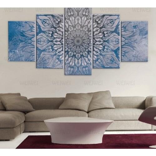 Blue Lotus Pattern Canvas Painting Home Decoration Five-Piece Poster and Prints Wall Art Pictures for Living Room Interior Decor
