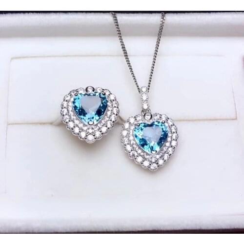 Natural blue topaz gem Ring Pendant Natural Gemstone Jewelry Set 925 Silver Fashion romantic heart Women party gift fine Ring