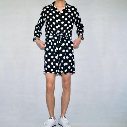 New Tide Men Spring And Summer Loose Lapel Jumpsuit Shorts Sleeves Conjoined Clothes Wave Point Personality Drawstring Rompers