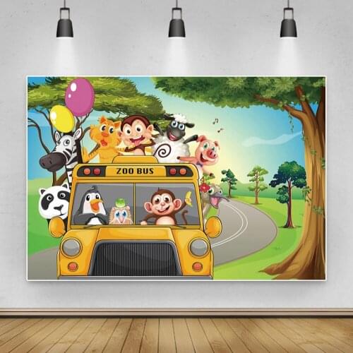 Laeacco Wild Animal Theme Safari Bus Forest Birthday Party Customized Photographic Backdrop Photography Background Photo Studio