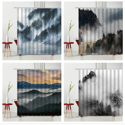 Landscape Shower Curtains Early Morning Forest Mountain Shrouded In Fog Bathroom Screen Bathtub Decoration Polyester Fabric