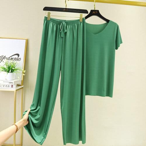 Summer Casual V Neck Green Short Sleeve Two Piece Set Crop Top And long pants Drawstring 2 Piece Women Set Outfits
