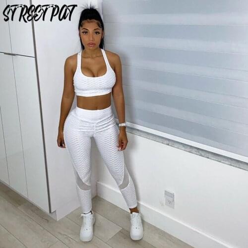 Summer Mesh Patchwork Tracksuit 2 Two Piece Set Women Backless Halter Crop Top Leggings Casual Elastic Sport Sweatsuit Outfits