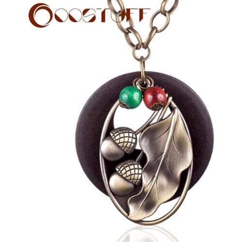 Statement necklaces & pendants Vintage Wood Jewelry Plant Leaf Pendant Long Chain Necklace Women Christmas Gift collares mujer