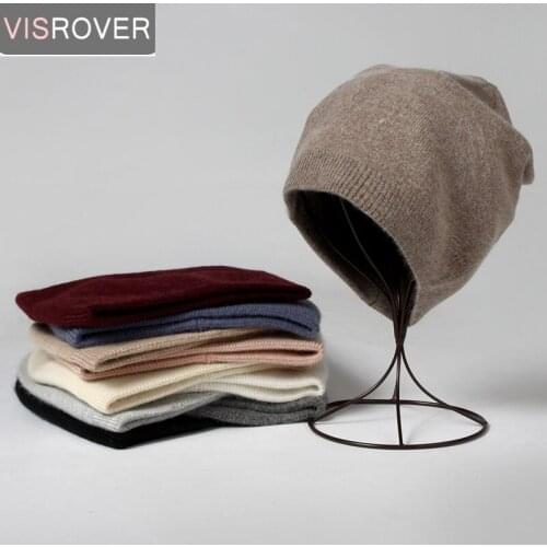 VISROVER 2021 Autumn Winter Hats Solid Color Cap Real Cashmere Beanies Soft Man/Woman Skullies Warm Beanie Fashin Bonnet Gift