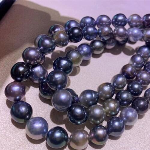HOT New 8-10mm Big Size Natural Real Baroque Southsea Black Pearl Necklace Real Tahiti Pearl Strand String 38cm Long