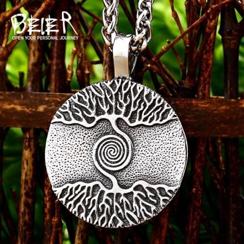 Beier 316L stainless steel Nordic Vikings Runes Amulet Pendant Necklace The Tree of Life Runes PENDANT Necklace Nordic Talisman