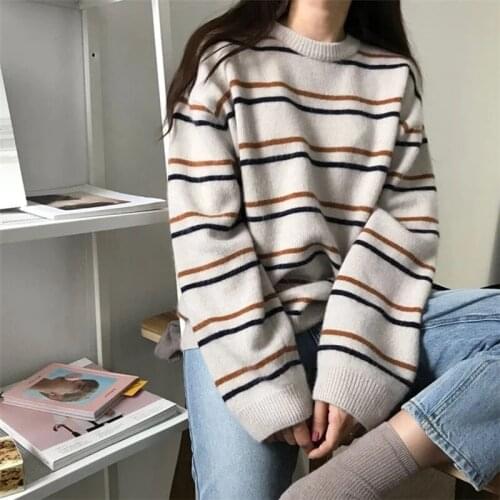 Striped Pullovers Autumn Winter Knitted Sweater Women O-Neck Sweater Casual Long Sleeved Jumper Loose Student Warm Outerwear