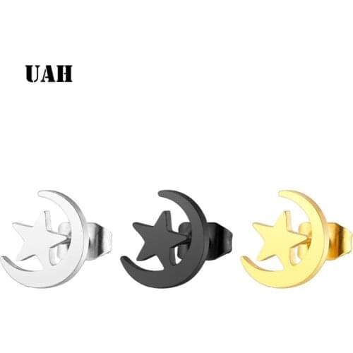 UAH Fine Lovely Silver Stainless Steel Star Moon Stud Earrings for Women Korean Minimalist Earrings Jewelry Accessories
