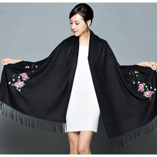Women Solid Color Embroidery Flower Cashmere Pashmina Soft Shawl Scarf Autumn Winter New Thick Blanket Long Scarves Wraps