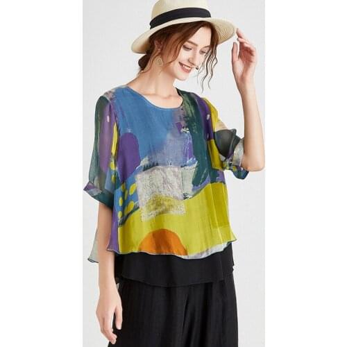 Silk T-shirt woman summer new fashion ins tide loose print Elegant Top plus size round neck short sleeve mulberry silk T-shirt